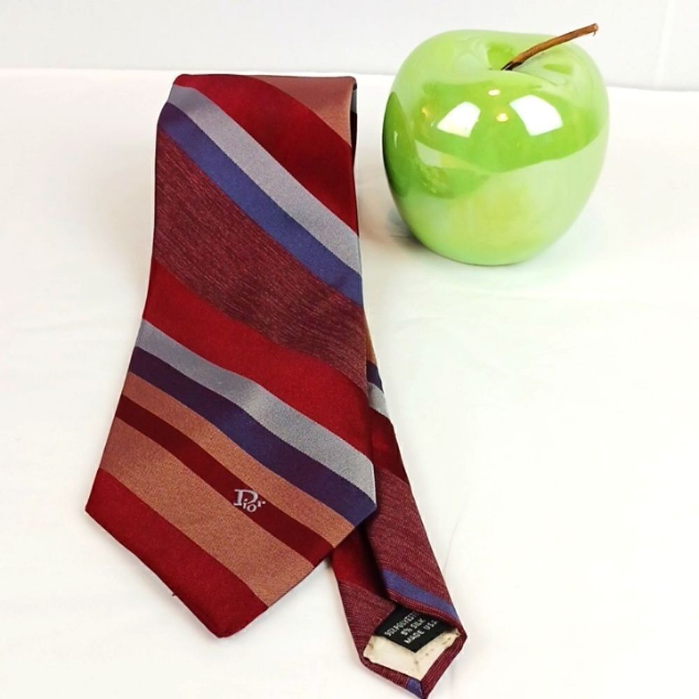 Vintage CHRISTIAN DIOR Men's Burgundy & Blue striped silk blend neck tie